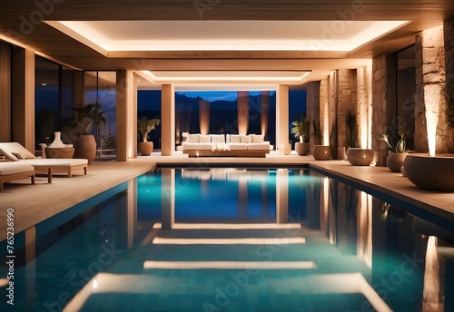 Blurred image of a luxury spa pool area, generative AI © Zohaib