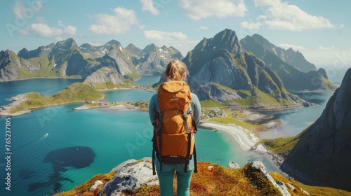 Backpacking woman on the top of a mountain in Norway in high resolution and high quality. travel concept, backpack, adventure, norway photo