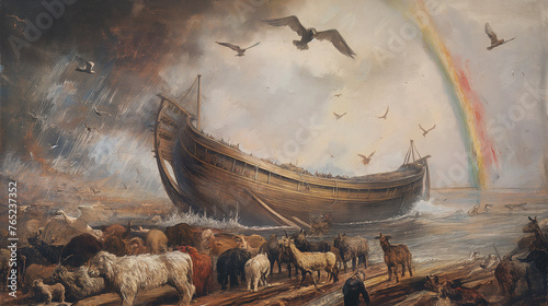 Noah's Ark in the Great Flood. Watercolor Painting. Biblical Illustration photo