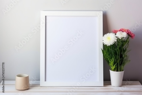A blank white frame ready for customization, accompanied by fresh flowers in a pot on a wooden table. Blank Frame with Flowers on Wooden Table