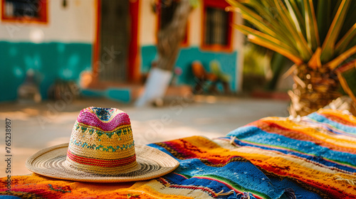 Traditional Mexican Sombrero on Colorful Serape in Quaint Village Setting - Authentic Mexican Culture, Vibrant Textiles, and Rustic Charm © Michael