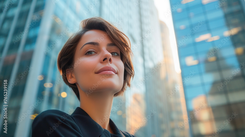 Business young woman, executive in a modern suit, looking at the camera against the background of skyscrapers, modern urban city. Low angle shot, copy space Business young woman, executive in a modern suit, looking at the camera against the background of skyscrapers, modern urban city. Low angle shot, copy space