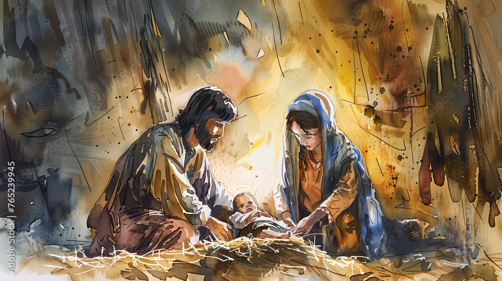 Christmas Nativity Scene. Watercolor Painting. Biblical Illustration