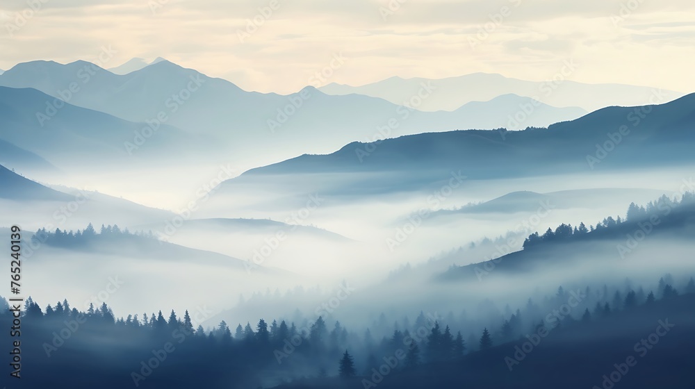 An ethereal scene of foggy trees forms a blurred background.





