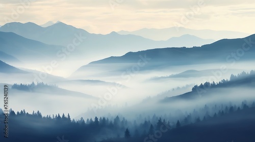 An ethereal scene of foggy trees forms a blurred background.
