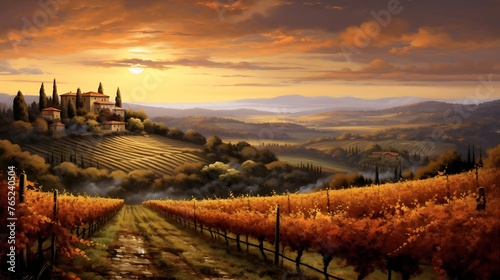 An evocative scene portraying the enchanting glow of a village at sunset. 