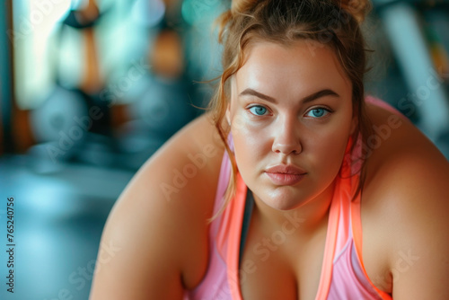 Portrait of an overweight woman in a sports gym, weight loss concept, obesity problem. Copy space © Ирина Селина