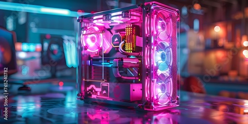 Transparent computer case with glass tower colorful cooling system realistic motherboard CPU and hard drive. Concept Transparent Computer Case, Glass Tower, Colorful Cooling System photo