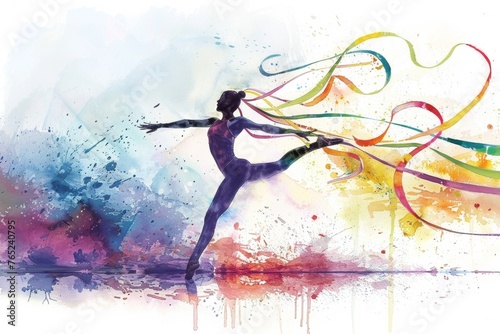 Dynamic watercolor painting of a gymnast in action with ribbons. International Day of Sport for Development and Peace