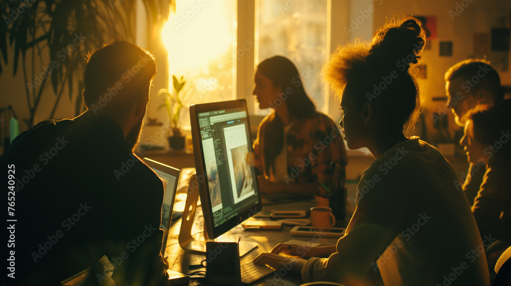 A dynamic image of a diverse team collaborating on a creative project, with a trans designer sharing their screen with colleagues, the natural light from the nearby window highligh - obrazy, fototapety, plakaty 