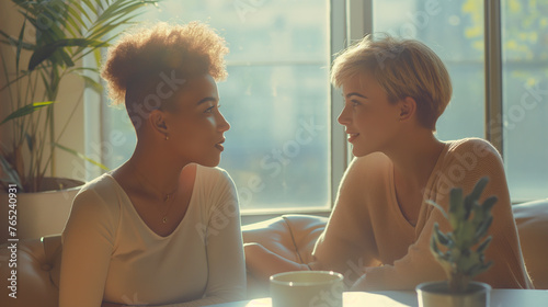 A candid moment between a trans mentor and their mentee, discussing career paths over coffee, the gentle morning light creating an atmosphere of support and guidance, natural light