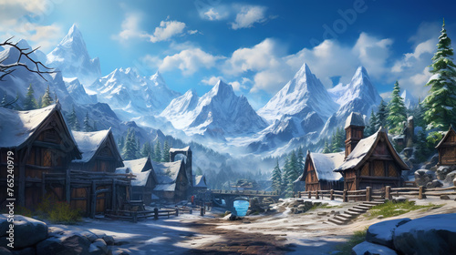 An ancient fantastic village overlooking the mountains. Winter time. Generative AI © kovalovds