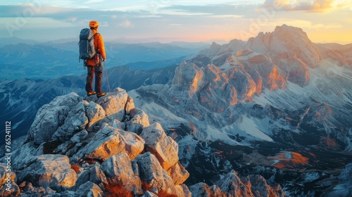 A man with a backpack enjoys the sky view on a mountain