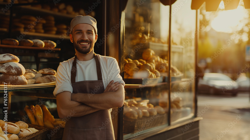 A proud bakery owner standing in front of their quaint shop, with a display of freshly baked bread and pastries in the window, the morning sun casting a warm glow, natural light, s