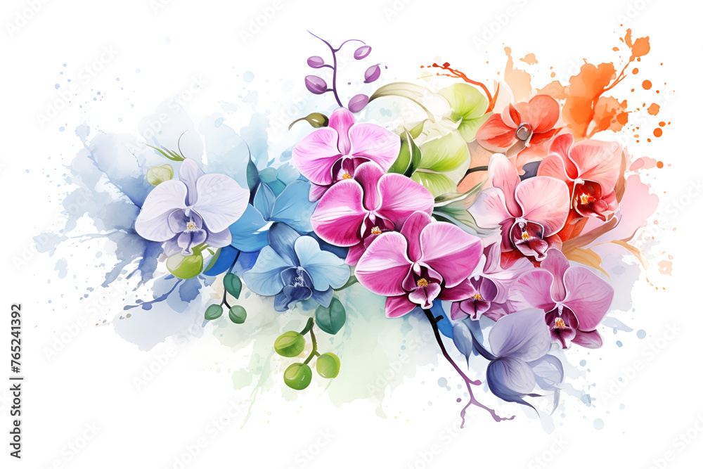 Multicolored orchids in watercolor on white background.