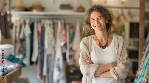A boutique clothing store owner posing inside their trendy shop, surrounded by the latest fashion collections, soft natural light illuminating the vibrant textiles, natural light,
