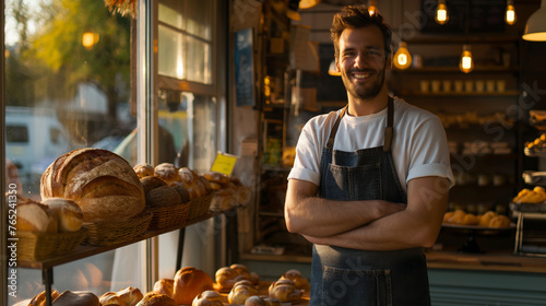 A proud bakery owner standing in front of their quaint shop, with a display of freshly baked bread and pastries in the window, the morning sun casting a warm glow, natural light, s