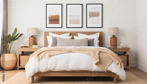 Warm and inviting master bedroom with neutral colors and natural textures.