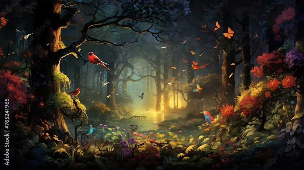 An immersive forest scene showcasing a chorus of vibrant wildlife, with towering trees, dappled sunlight filtering through the canopy, and a symphony of chirping birds and rustling leaves.






