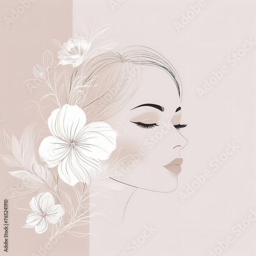 Abstract female face in one line. Woman face with flowers Surreal Line art female floral girl. Minimalism Abstract modern Continuous single line woman face portrait 