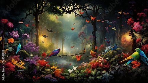 An immersive forest scene showcasing a chorus of vibrant wildlife, with towering trees, dappled sunlight filtering through the canopy, and a symphony of chirping birds and rustling leaves.





 photo