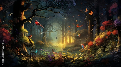 An immersive forest scene showcasing a chorus of vibrant wildlife, with towering trees, dappled sunlight filtering through the canopy, and a symphony of chirping birds and rustling leaves.





 photo