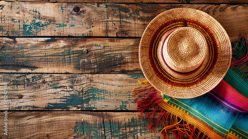 Cinco De Mayo Celebration Themed Image Showing a Mexican Sombrero on a Weathered Wood Background, Perfect to Convey the Spirit of Mexico's Famous Holiday
