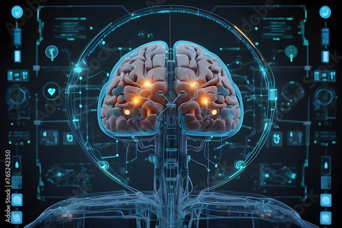  A futuristic visual metaphor of AI and machine learning in healthcare, depicting a digital brain seamlessly integrated with medical diagnostic tools, illustrating the concept of AI's role in the heal