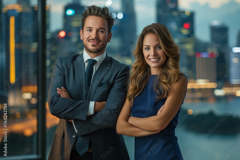 Confident businessman and businesswoman standing against city skyline backdrop at dusk, Concept of partnership and corporate success Confident businessman and businesswoman standing against city skyline backdrop at dusk, Concept of partnership and corporate success