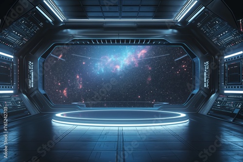 Fototapeta Naklejka Na Ścianę i Meble -  Futuristic spaceship interior with view into deep space, concept of exploration, science fiction, and space travel