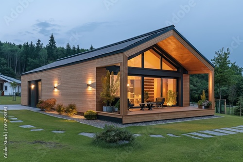 Contemporary wooden home with interior lights at dusk, surrounded by nature, Concept of sustainable living and eco-friendly architecture © Sariyono