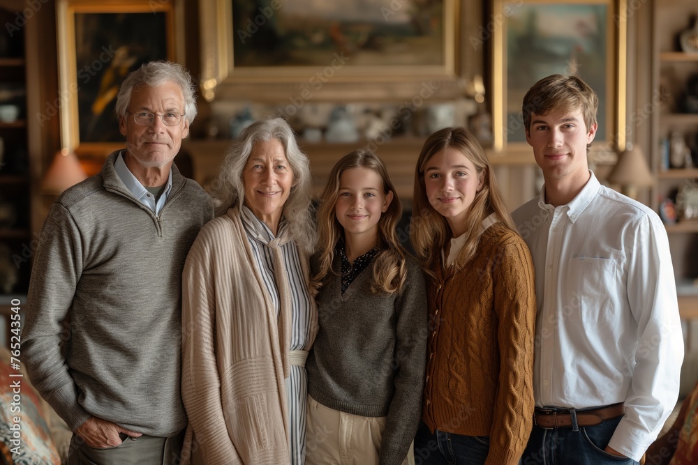 Family portrait with grandparents and grandchildren in classic home setting, concept of generational bond, heritage, and familial warmth