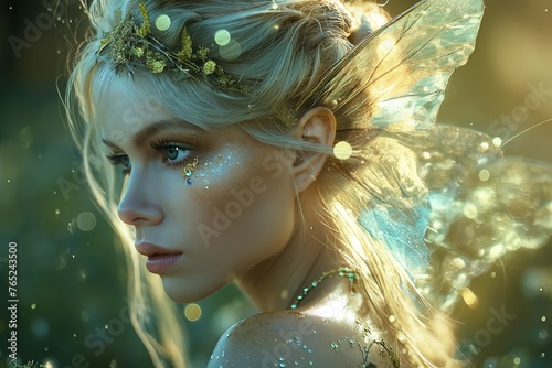 Portrait of elf fantasy woman forest fairy. Butterfly wings. Light magic radiance