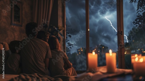 A family gathers in their living room the windows shaking as thunder booms in the distance. Candles provide the only light as they huddle together waiting for the storm to