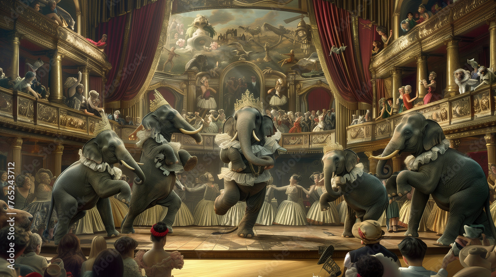 Elephants dressed as ballerinas performing a dance on stage in a grand, ornate opera house filled with an audience of various animals in period attire.