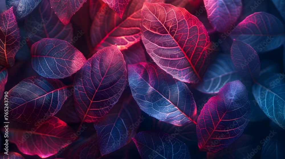 Colorful leaves background, neon blue and pink abstract leaves