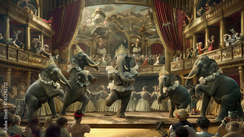 Elephants dressed as ballerinas performing a dance on stage in a grand, ornate opera house filled with an audience of various animals in period attire.
