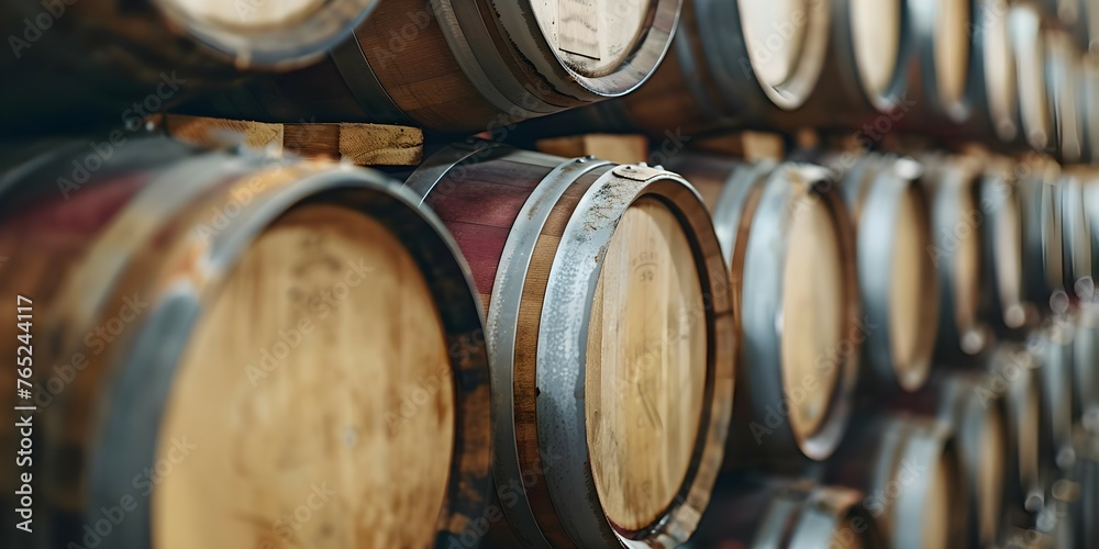 Close-up Shot of Stacked Vintage Wine Barrels at a Winery. Concept Winery, Vintage, Wine Barrels, Close-up Shot, Stacked