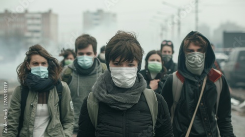 A group of masked individuals traverse the barren streets their faces covered to protect themselves from the harsh toxic air a grim reality of life in a dystopian world plagued
