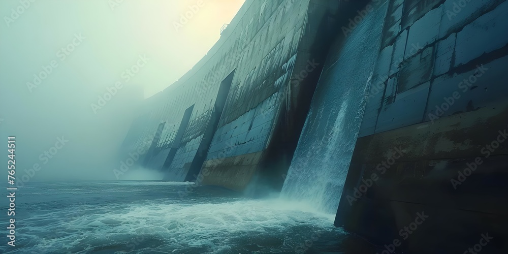 Image of a large hydroelectric dam generating power with space for advertising copy. Concept Hydropower Industry, Sustainable Energy, Industrial Infrastructure, Renewable Resources - obrazy, fototapety, plakaty 