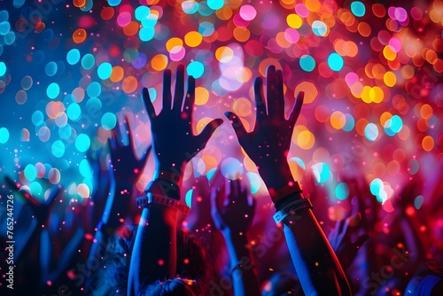 carnival party crowd hands up in the air at night club or concert on colorful light background, party and event festival concept