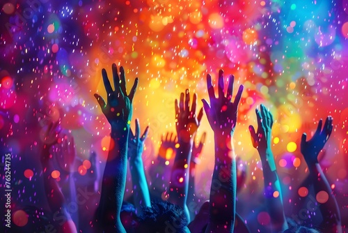 carnival party crowd hands up in the air at night club or concert on colorful light background, party and event festival concept © Pravit