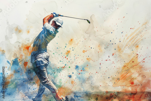 A dynamic watercolor painting of a golfer in action with a golf club. International Day of Sport for Development and Peace. photo