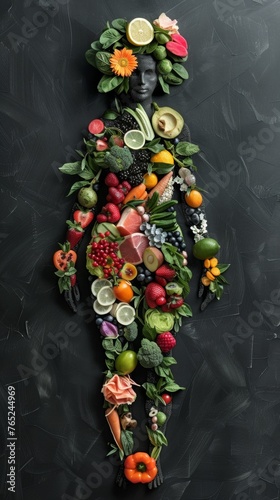 feminine figure constructed of different types of food, veggies, lettuce, fruits, vegan