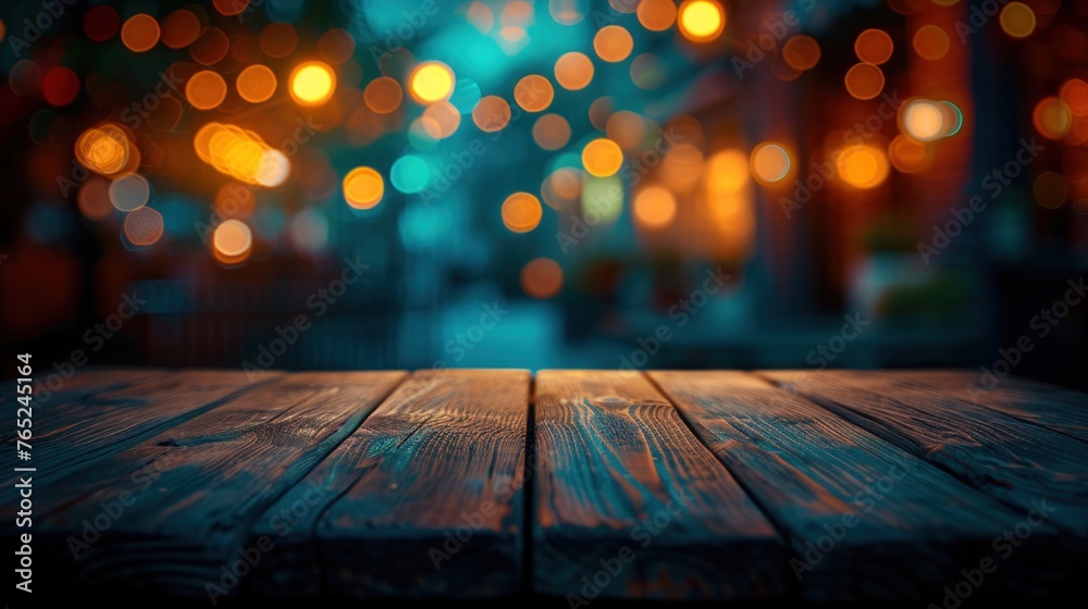 empty brown wood board table or wooden floor with blurred abstract night light bokeh at restaurant in city background, advertising agency, copy space for display of product or object presentation empty brown wood board table or wooden floor with blurred abstract night light bokeh at restaurant in city background, advertising agency, copy space for display of product or object presentation