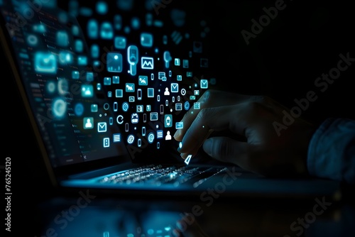 people hand working on laptop computer with social media icon hologram on desk, chat message, cyber security, digital marketing, social network, business finance, internet network technology concept