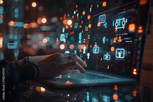 people hand working on laptop computer with social media icon hologram on desk, chat message, cyber security, digital marketing, social network, business finance, internet network technology concept