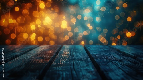 empty brown wooden floor or wood board table with blurred abstract night light bokeh in city background, copy space for display of product or object presentation, party concept photo