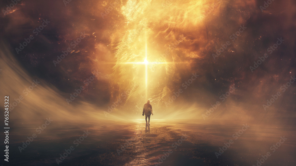A person walking towards the light. A cross emanates light, symbolizing salvation. Religious concept.