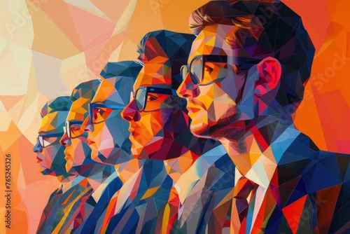 low poly illustration of five young men and women wearing glasses and business suits, in the background is an orange gradient with geometric shapes and vibrant color, business and finance concept